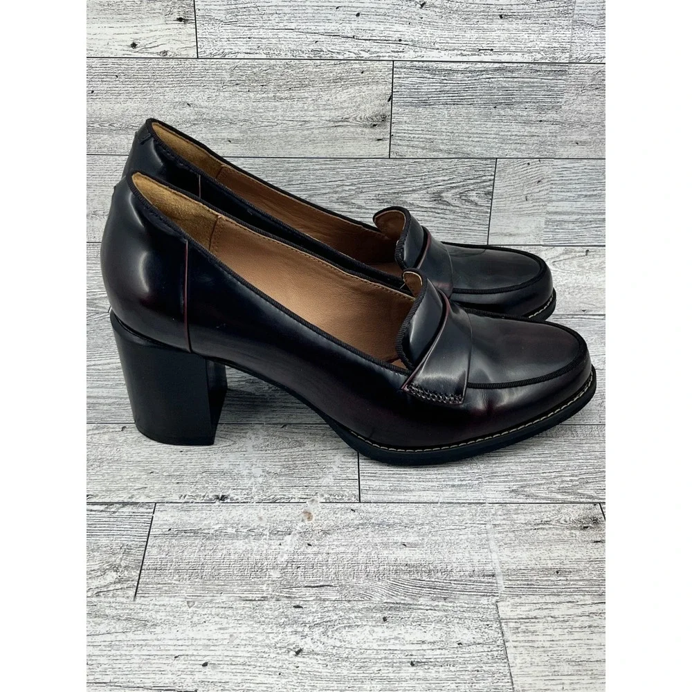 Clarks Artisan Women Burgundy Leather Block Heel‎ Penny Loafers Size 6M